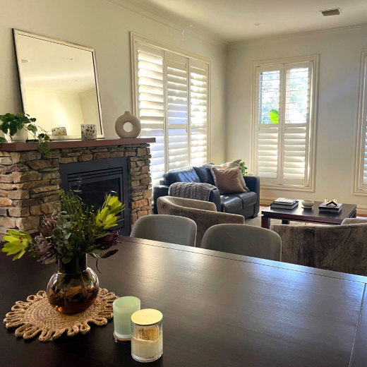 Living room with custom Plantation Shutters